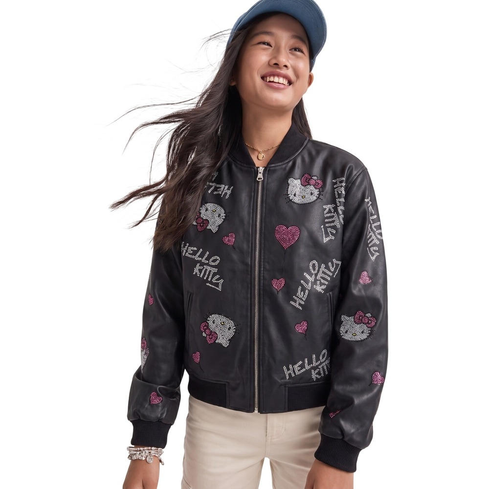 Forever 21 Hello Kitty Rhinestone Faux Leather Bomber Jacket Womens Medium Black